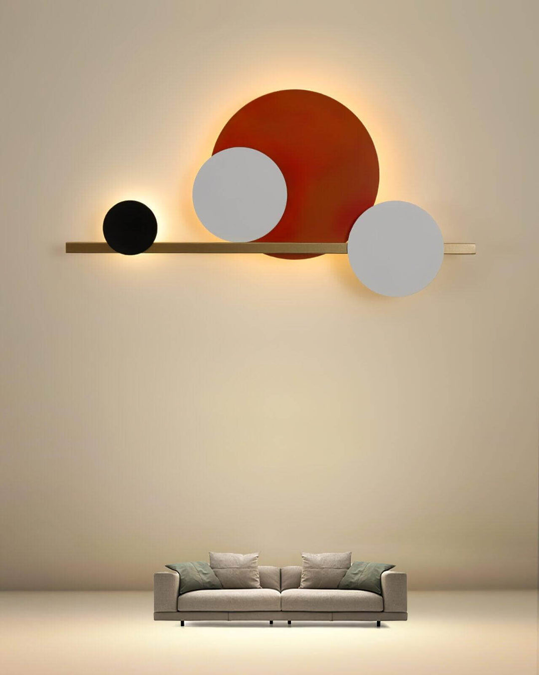 Modern 4 Circle LED wall light above a stylish sofa, perfect for accent wall lighting in bedrooms and contemporary spaces.