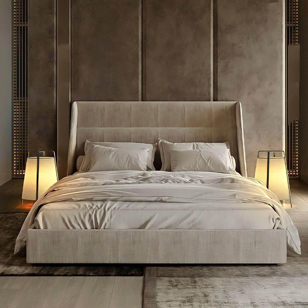 Stylish bedroom featuring a modern bed with soft bedding and two elegant table lamps for ambient lighting.