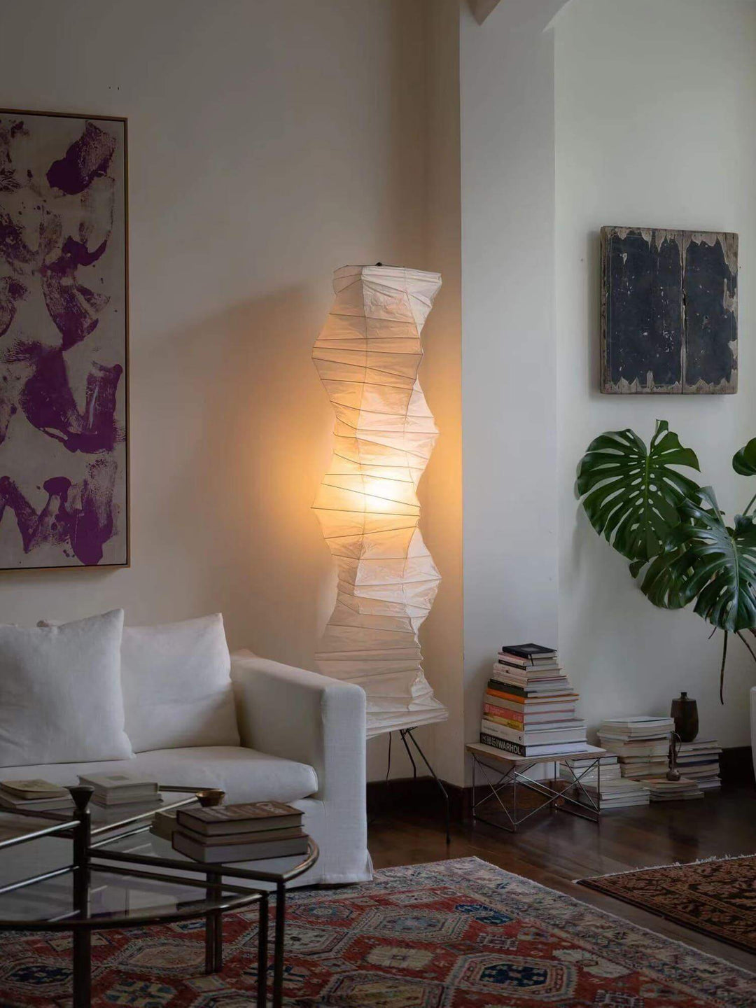 Akari UF4-33N white rice paper floor lamp in minimalist living room, perfect as a Japanese lantern floor lamp.