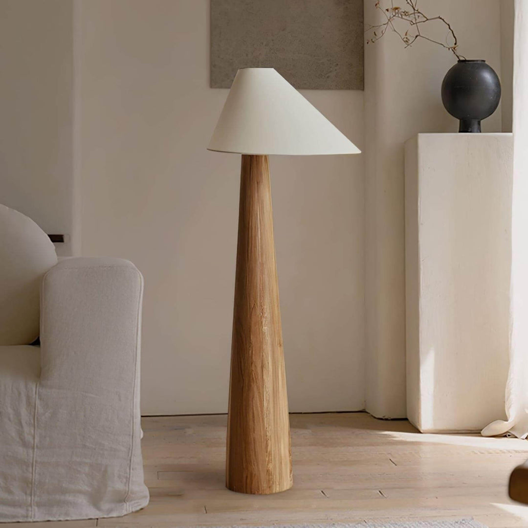 Alvin wooden floor lamp in a stylish living room, showcasing its retro farmhouse design, Dia 45cm x H 160cm.