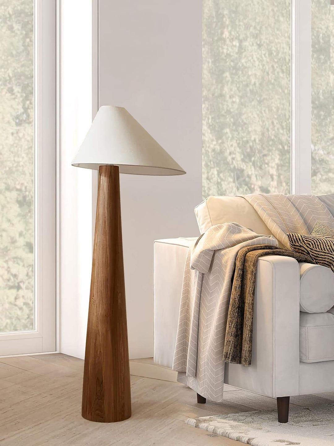 Alvin Floor Lamp, a wooden retro floor lamp, perfect for a farmhouse-style living room, measuring Dia 45cm x H 160cm.