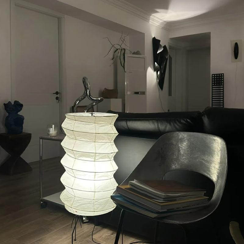 Washi Paper UF2-31N tripod table lamp in a stylish living room, enhancing modern Japandi decor with soft lighting.