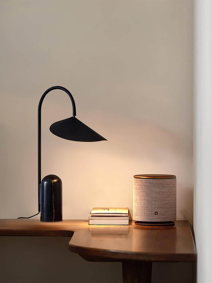 Modern black Arum table lamp beside a decorative light fixture on a wooden table, perfect for living rooms or offices.
