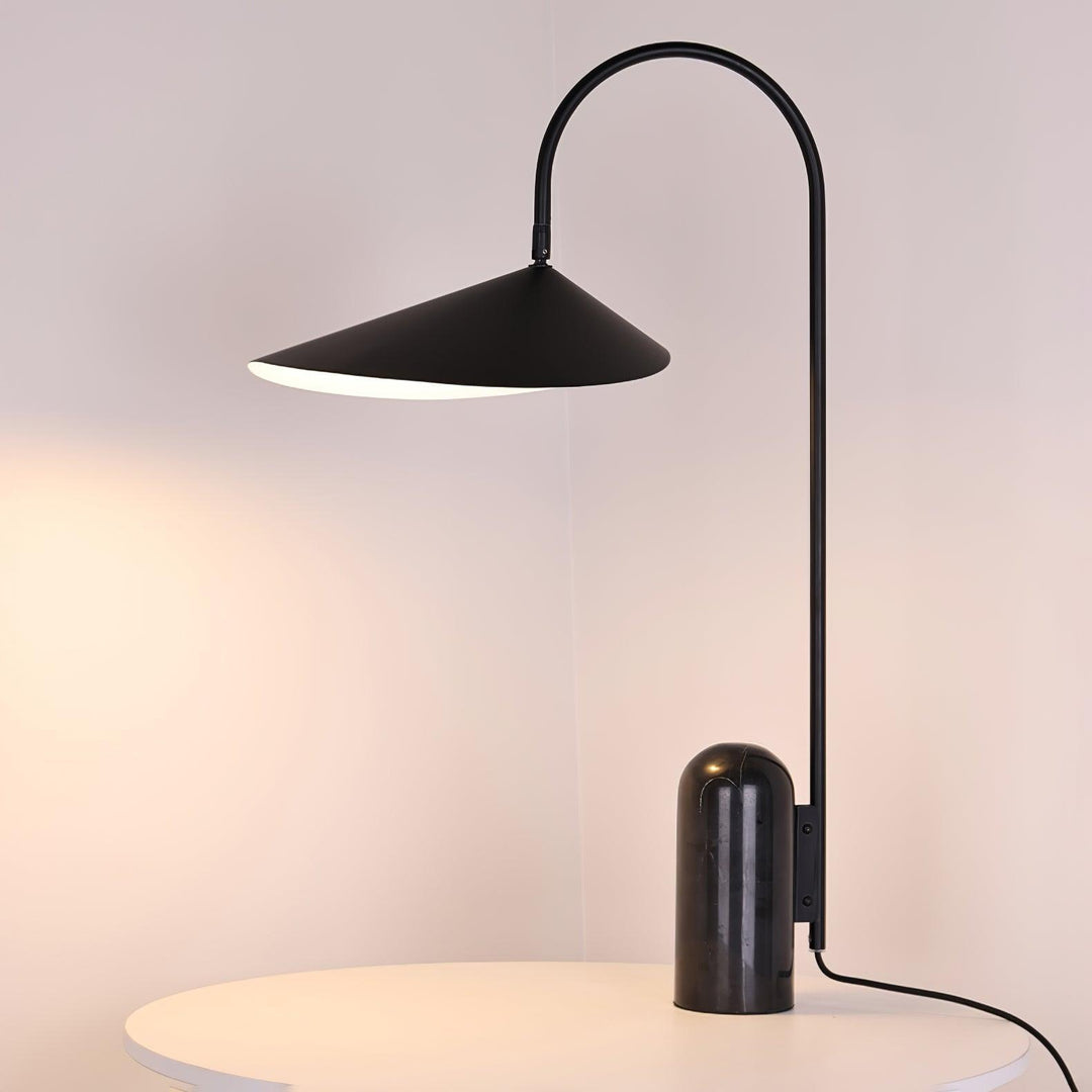 Arum Table Lamp: black modern lamp with marble base perfect for office or living room, size 43cm x 23.5cm x 50cm.