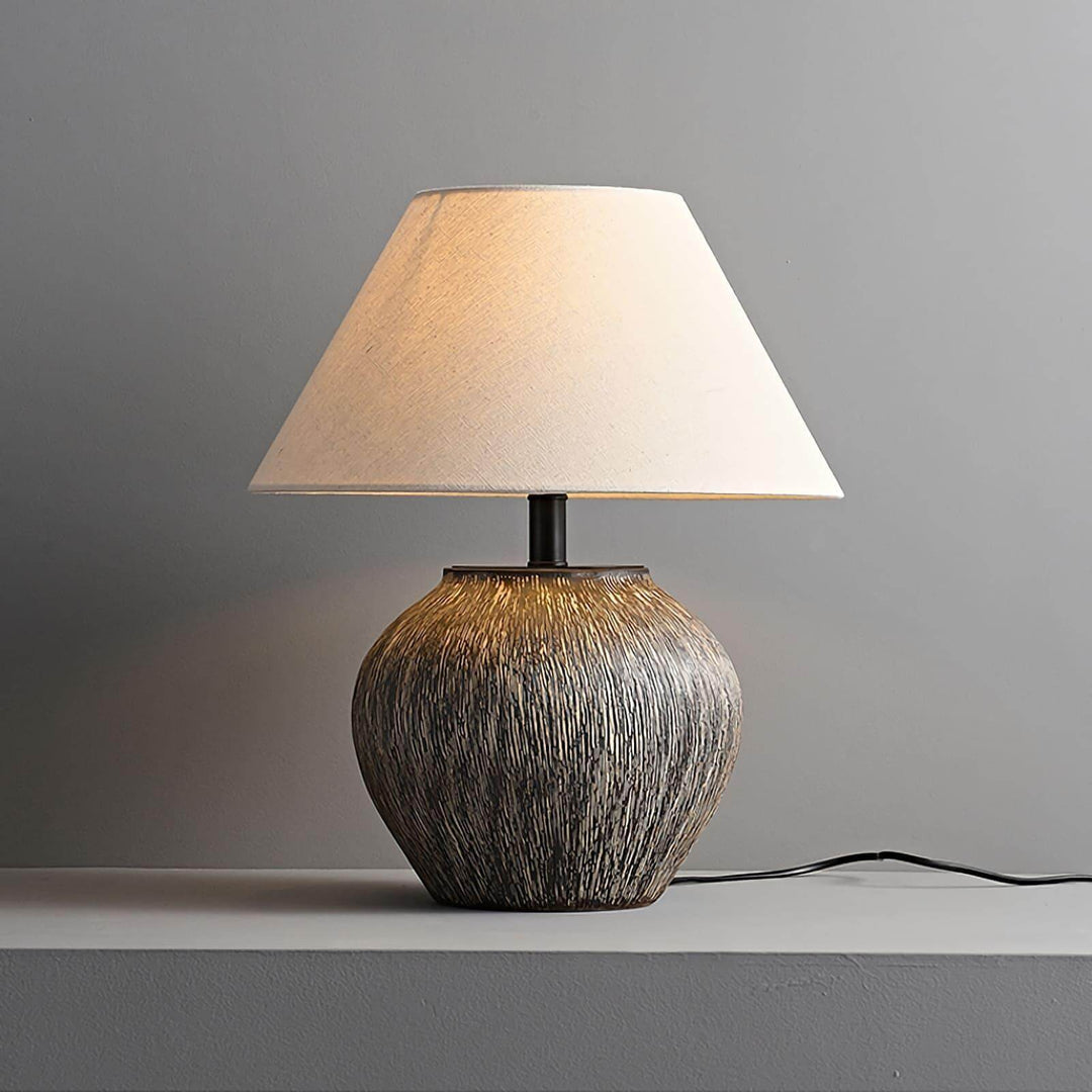 Bayi ceramic table lamp with textured base and fabric shade, perfect for vintage and sofa table decor.