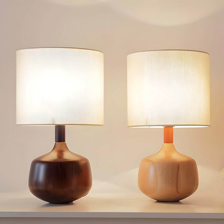 Mid century modern wood table lamps showcasing a warm glow, perfect for Japandi and farmhouse decor.