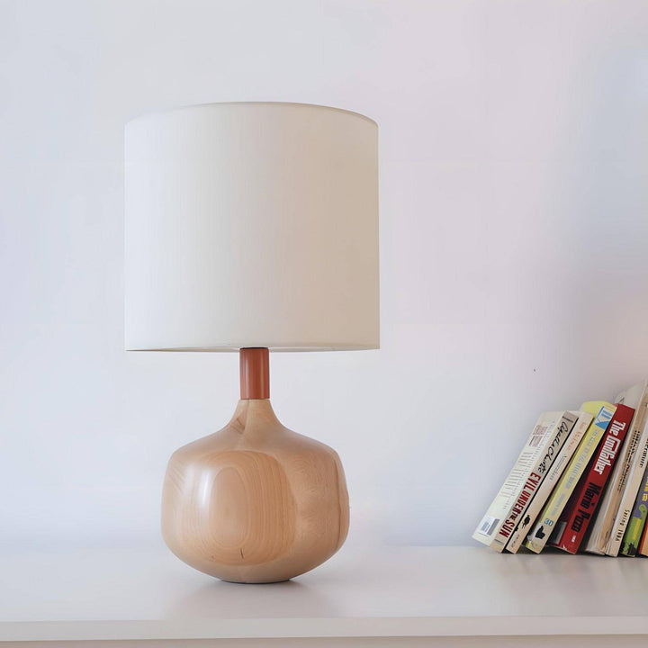 Bethel Table Lamp in wood with white shade, a stylish mid century modern design for farmhouse and Japandi decor.
