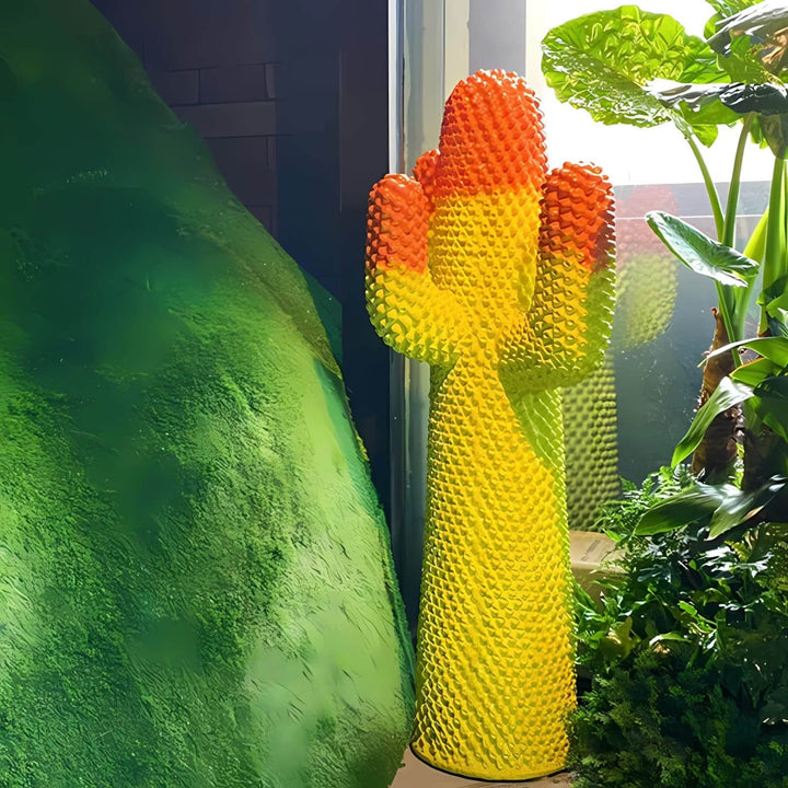 Cactus sculpture floor lamp in vibrant colors, ideal for stylish living room decor and art deco aesthetic.