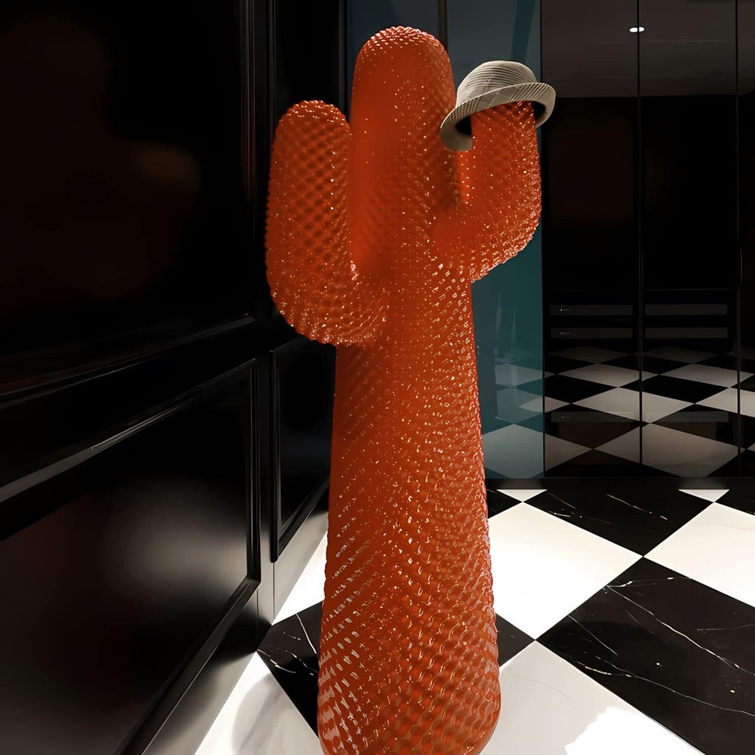 Cactus sculpture floor lamp with a hat, adding unique decor to modern living room spaces.