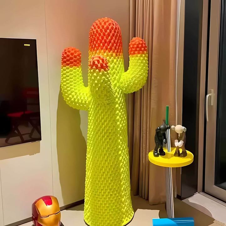 Vibrant cactus sculpture floor lamp, colorful art deco style, perfect for modern living room decor.