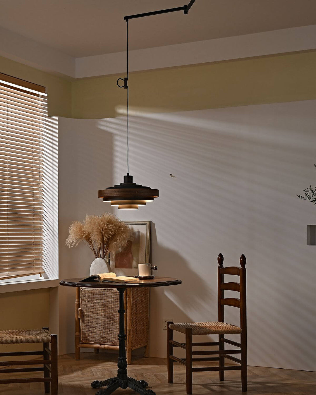 Carmen Swing Arm Pendant Lamp โ Stylish Wood Tiered Pendant Light | Vinlighting