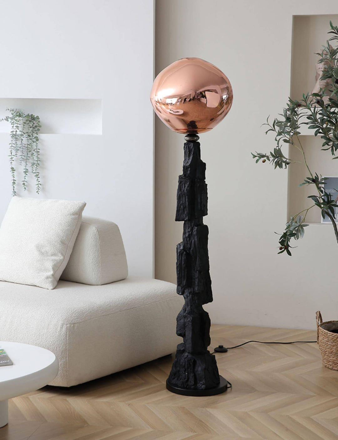 Unique charcoal lava floor lamp with art deco copper globe, ideal for stylish interiors. Unusual floor lamps for modern decor.