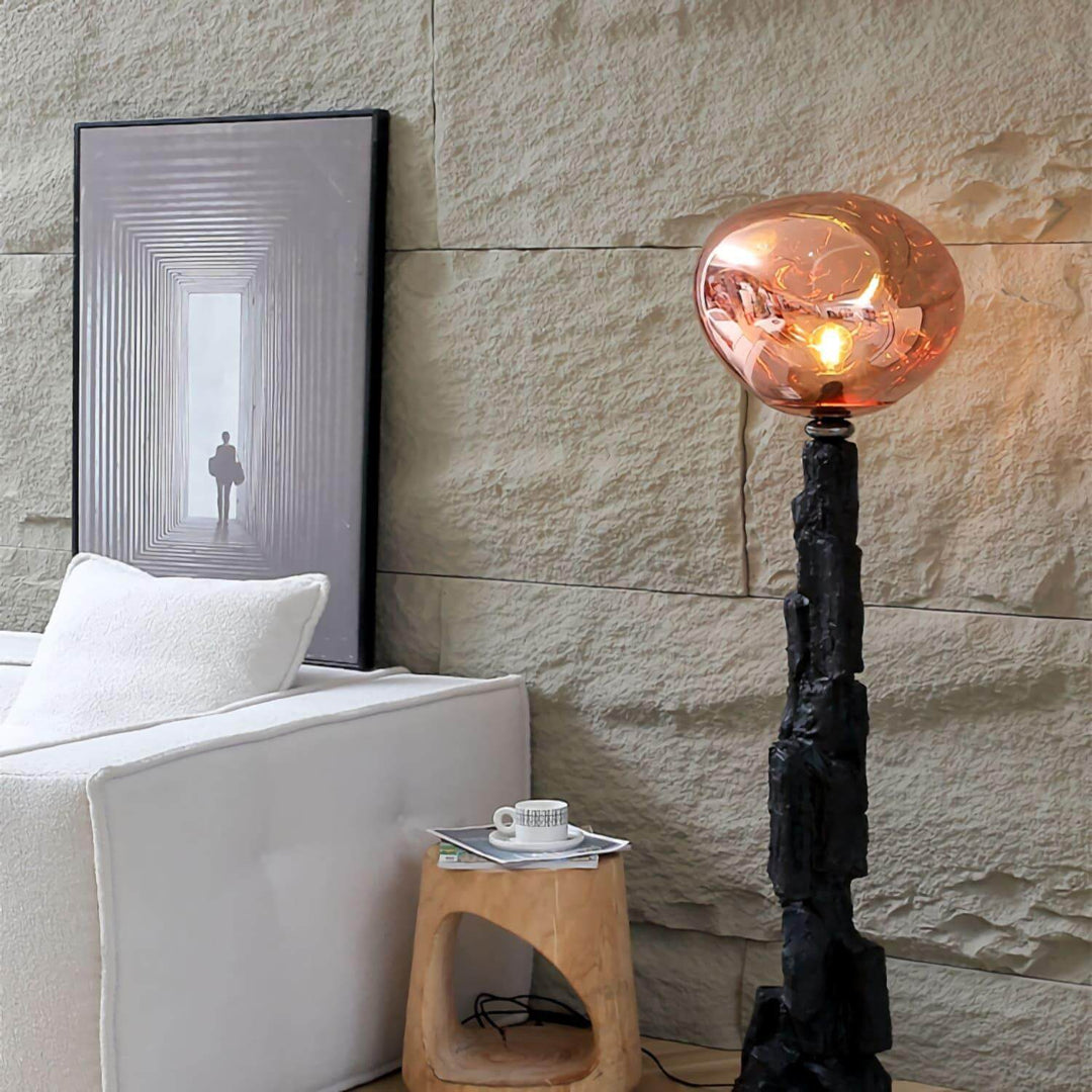 Stylish charcoal lava floor lamp adding elegance to a modern living room, highlighting unique floor lamps decor.