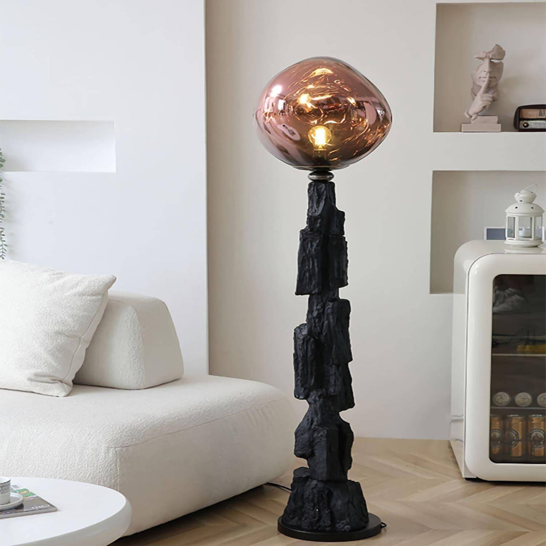 Unique Charcoal Lava floor lamp with art deco design, featuring a striking shape and unusual textured base.