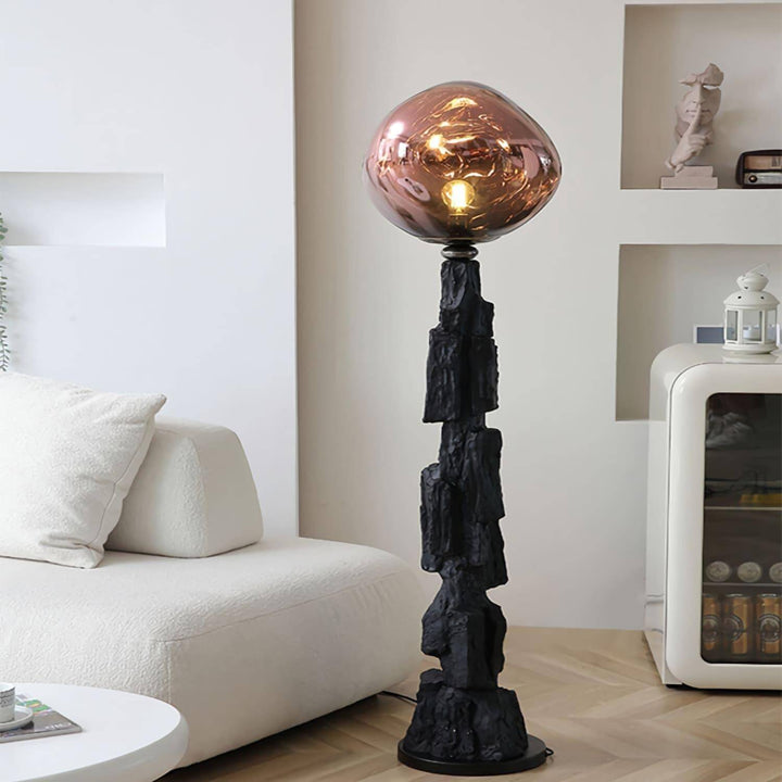 Unique Charcoal Lava floor lamp with art deco design, featuring a striking shape and unusual textured base.