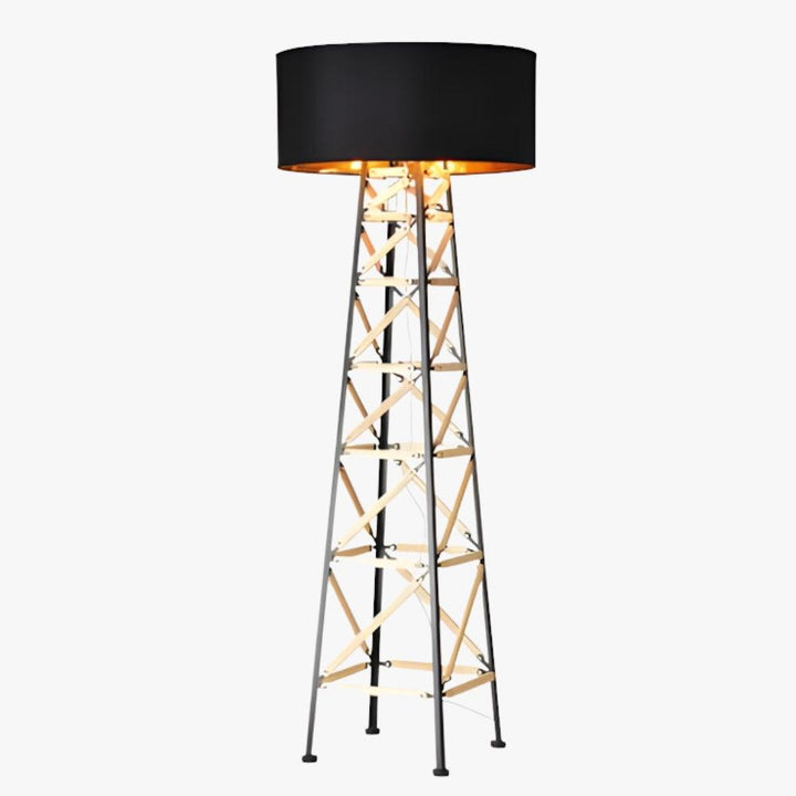 Eiffel floor lamp with a black shade and metal structure, perfect for contemporary living rooms or funky bedrooms.