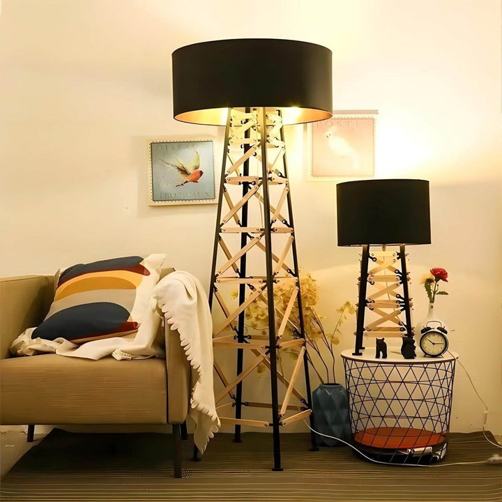 Eiffel floor lamp in contemporary living space, stylish metal floor lamp with black shade, perfect for bedroom or living room.
