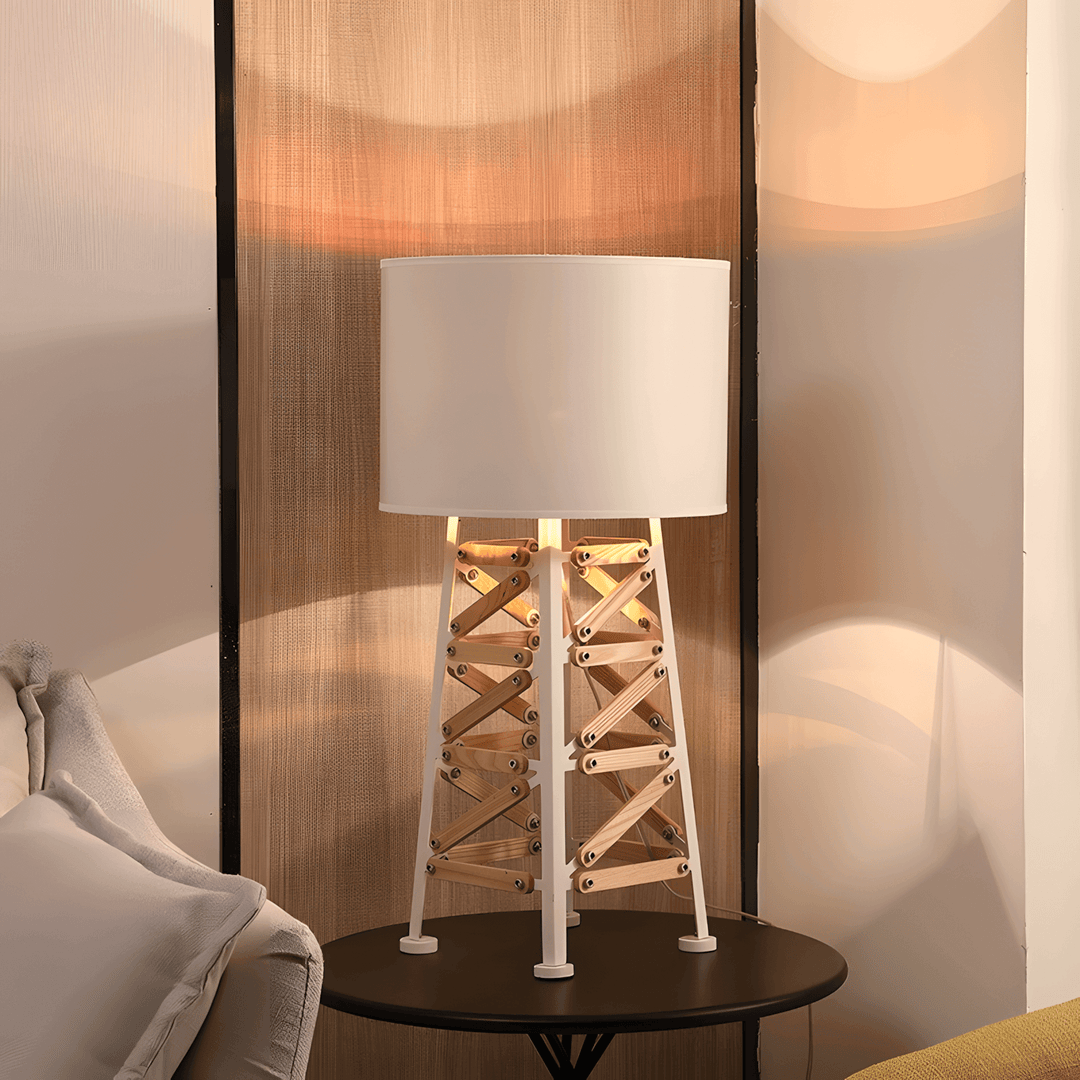 Modern Eiffel Table Lamp with unique wooden base and white shade, perfect for bedroom bedside lighting.