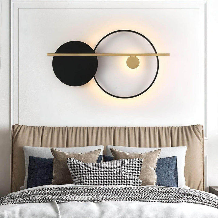 Modern double round wall light, black wall sconce above bed, stylish bedroom wall lamps.