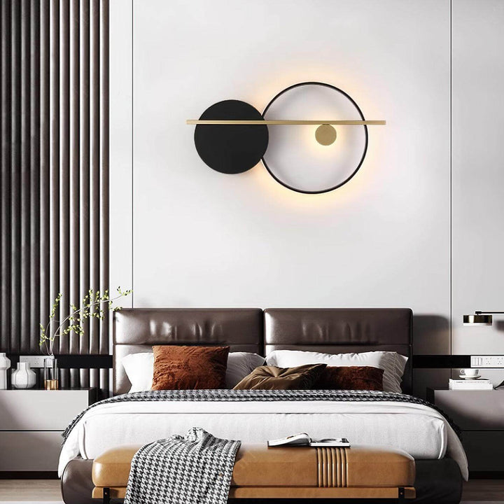 Stylish double round wall light in modern bedroom, featuring black wall sconce design and elegant decor.