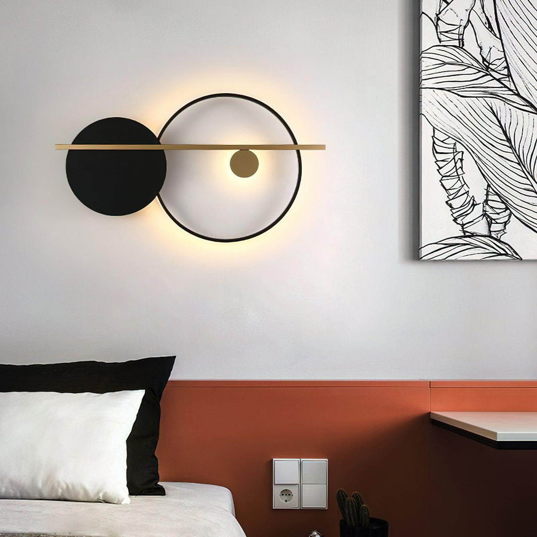 Modern double round wall light in black and gold, perfect for bedroom decor and stylish wall sconces.