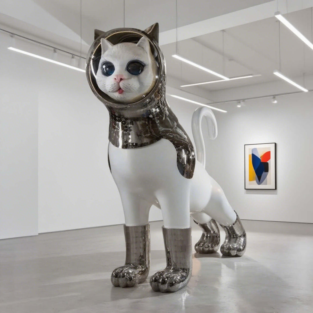 Large cat sculpture in a modern gallery, showcasing unique design and artistic flair.