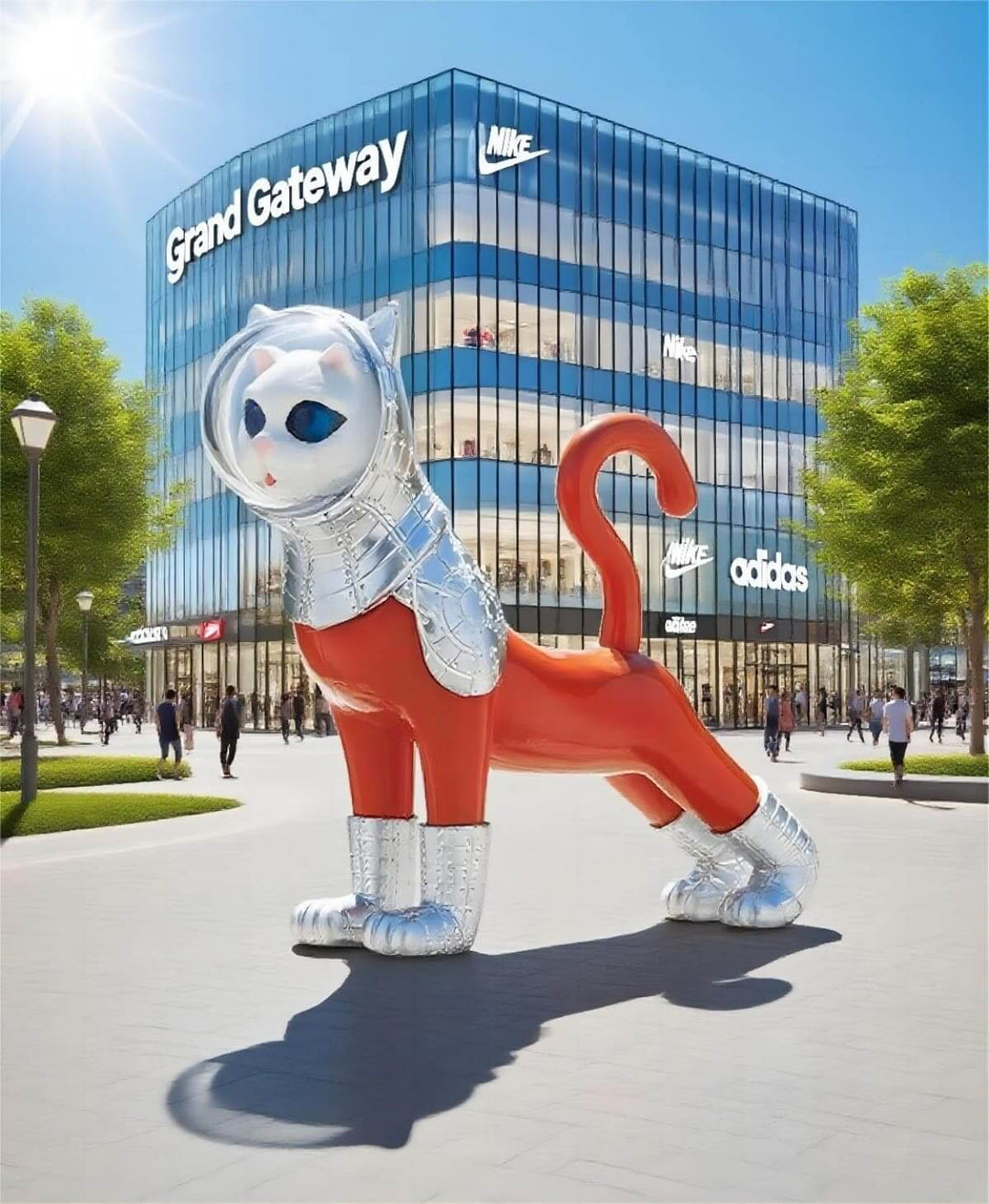 Giant cat sculpture in front of Grand Gateway, featuring vibrant design and silver details, enhancing urban art decor.