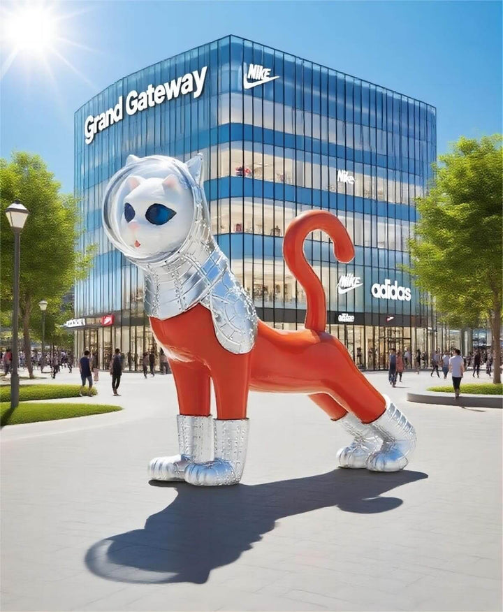 Giant cat sculpture in front of Grand Gateway, featuring vibrant design and silver details, enhancing urban art decor.