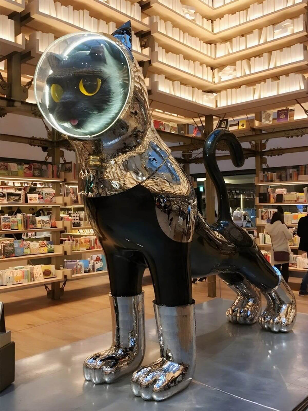 Draxum cat sculpture floor lamp with art deco design in a bookstore setting, perfect for living room lighting.