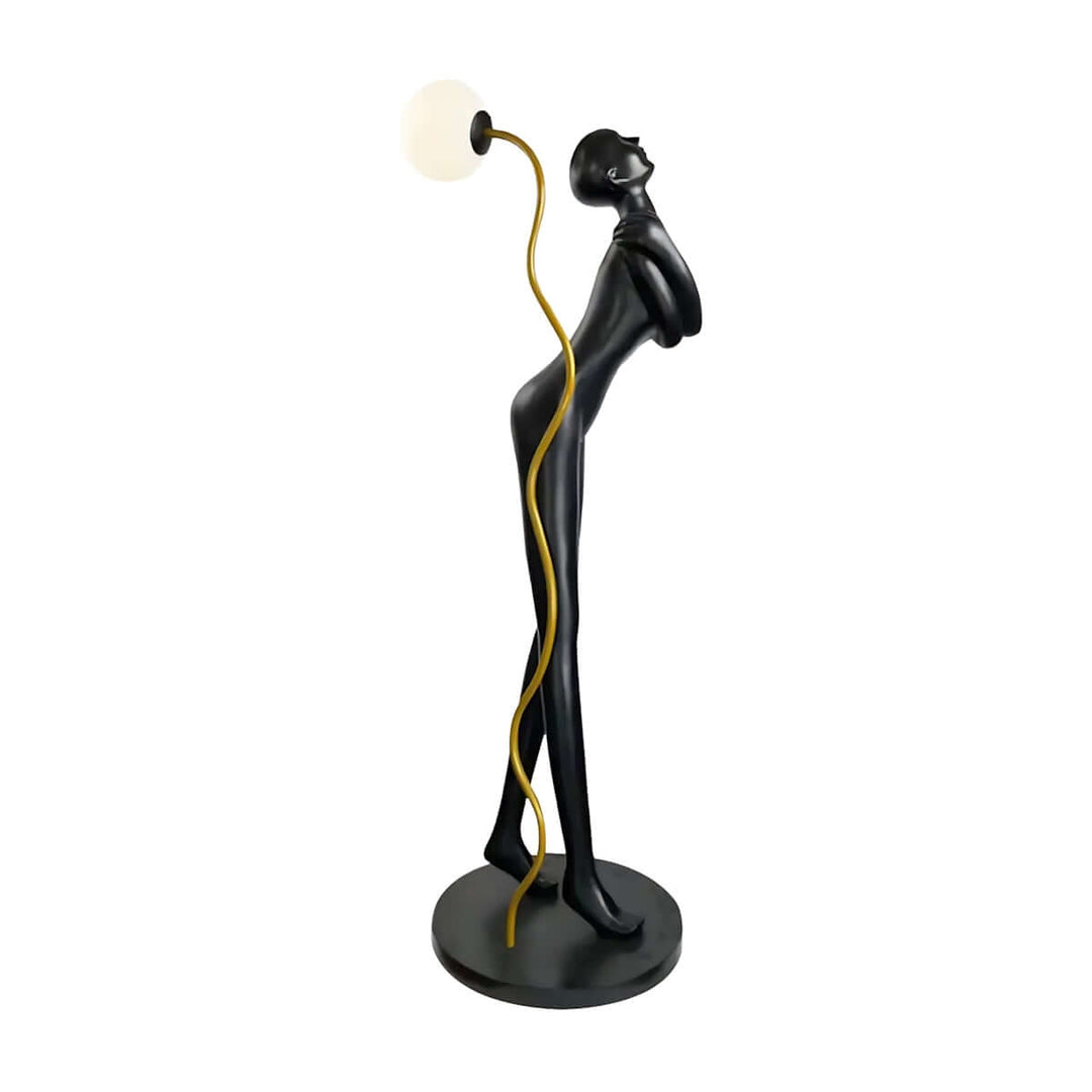 Sculptural Drayno Art Floor Lamp in art deco style, black figure with yellow accents, perfect floor light for living room.