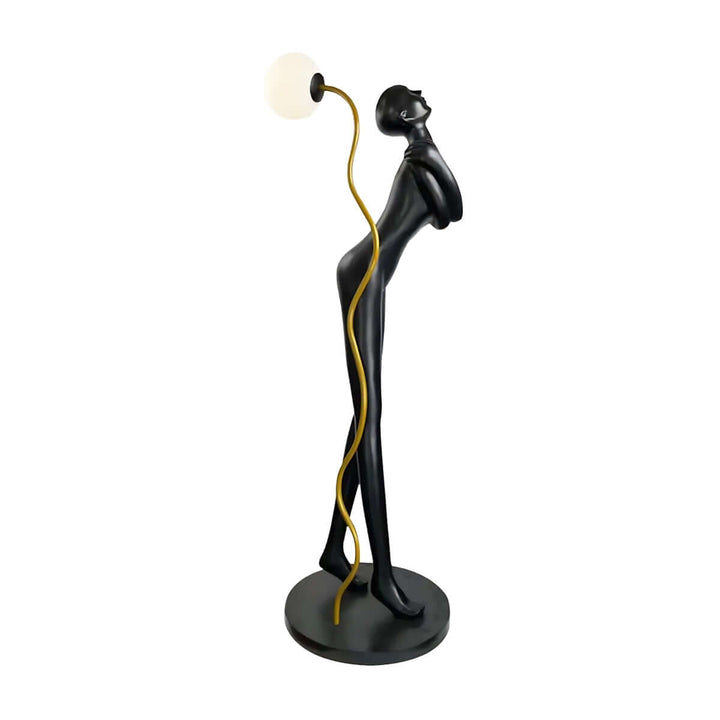 Sculptural Drayno Art Floor Lamp in art deco style, black figure with yellow accents, perfect floor light for living room.