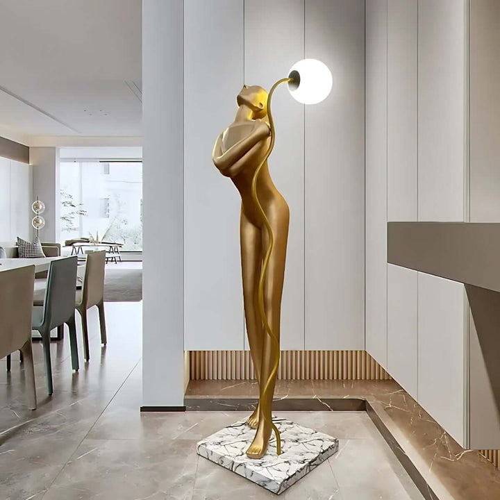 Sculptural Drayno Art Deco Floor Lamp in living room, showcasing stylish design and elegant lighting.