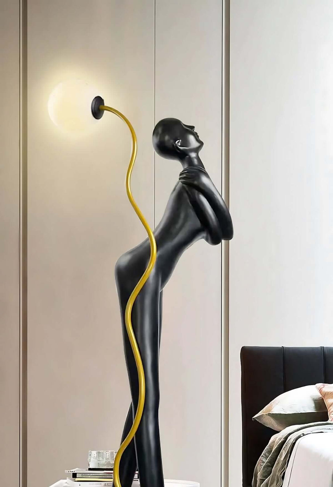 Sculptural Drayno Art Floor Lamp in a living room setting, showcasing its art deco design and modern elegance.