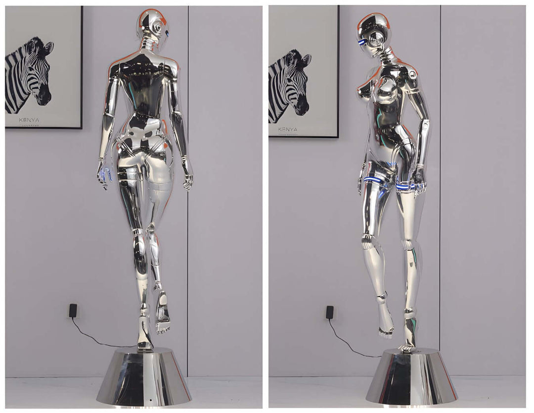 Sculptural silver floor lamp resembling a mannequin, perfect for trendy living room decor in art deco style.