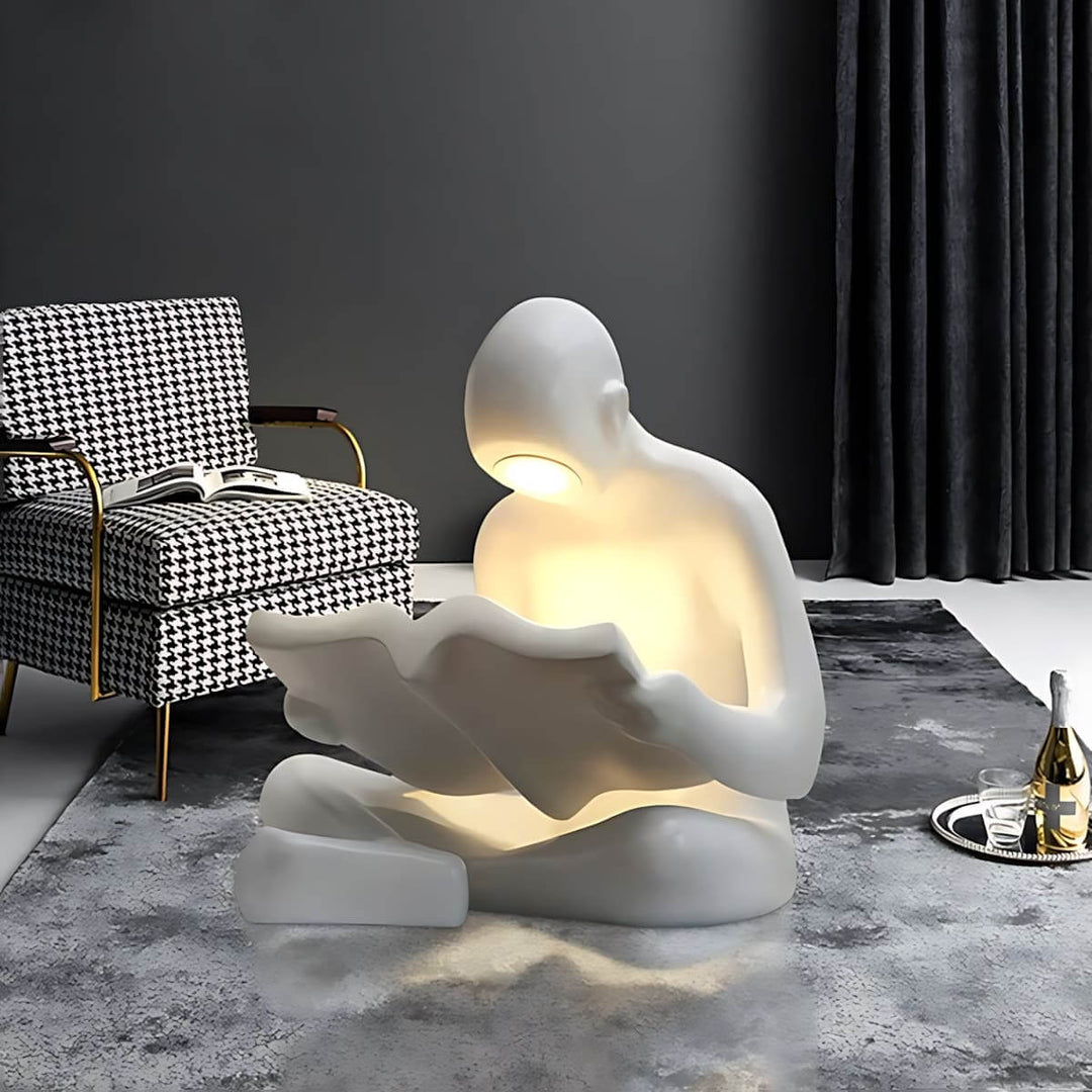 Elyvia sculptural floor lamp in modern home setting, perfect for living room decor and art deco aesthetics.