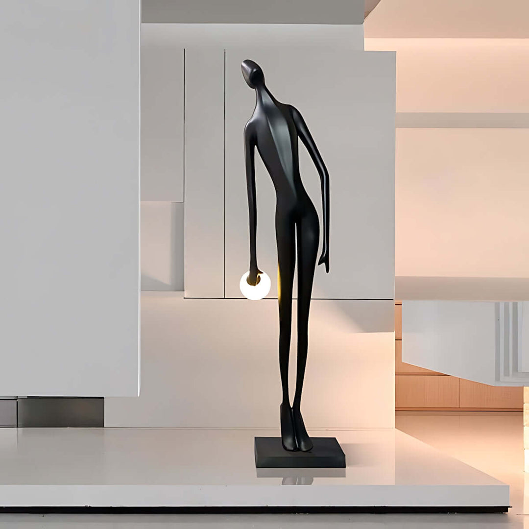 Eshvian sculptural floor lamp in black, art deco design, perfect for modern living room lighting.