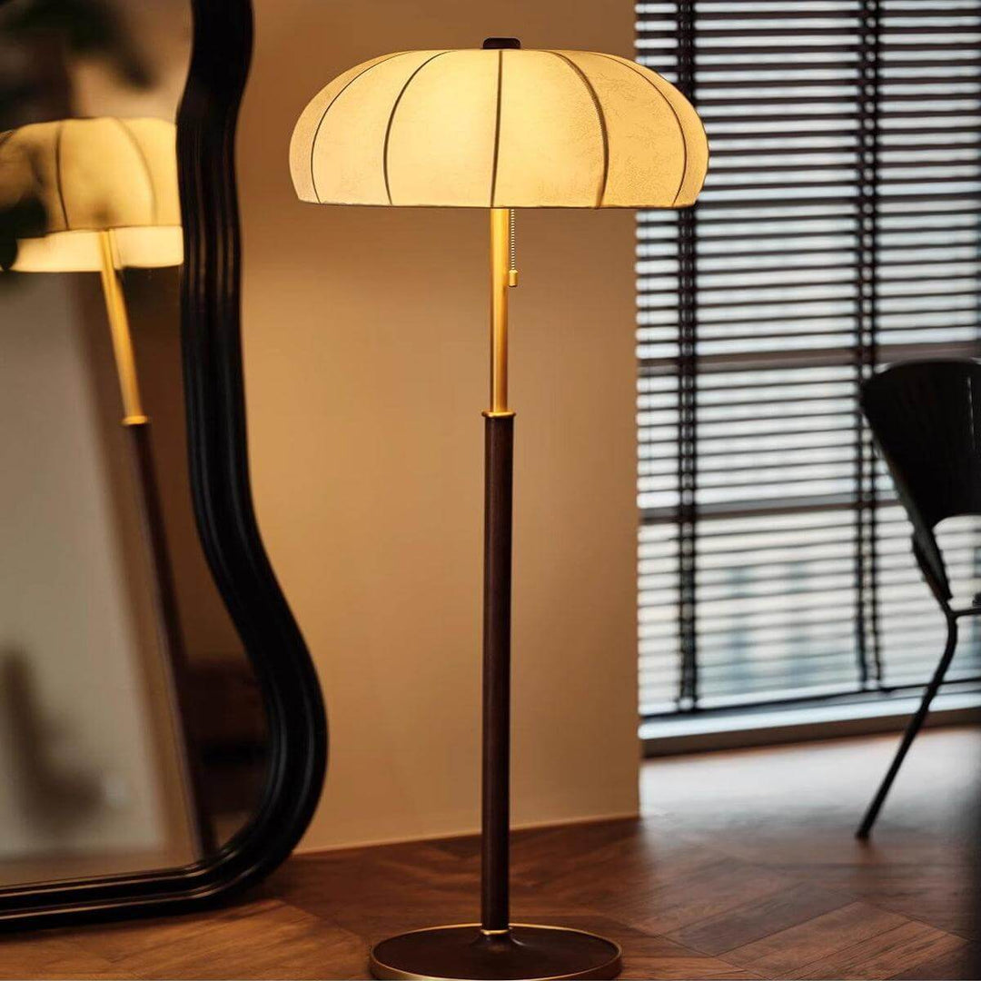Gorra Floor Lamp in mid-century style, 61" tall wood floor light, ideal for farmhouse and modern spaces.