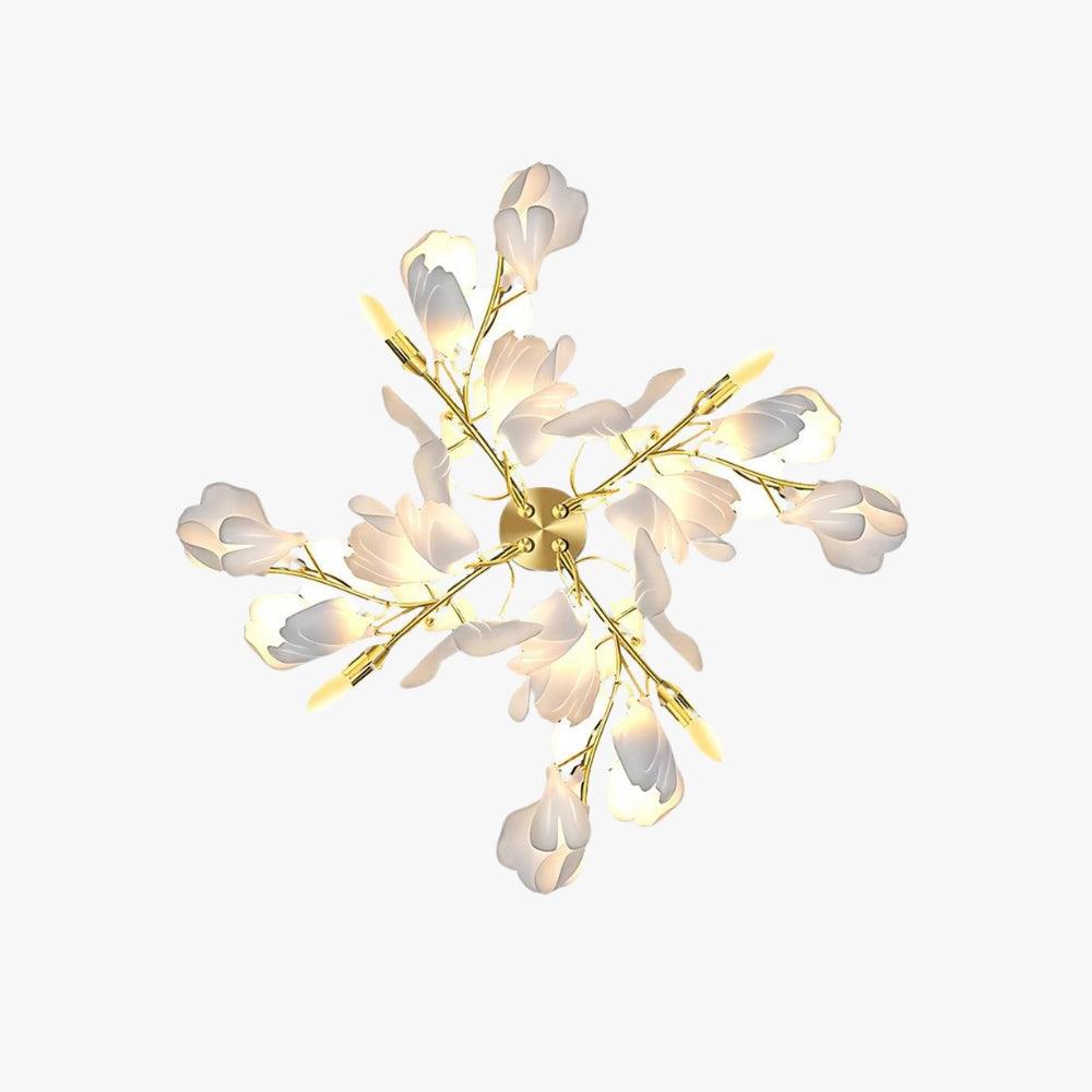 Gingko Flowers Sconce: elegant ceramic wall sconce, perfect for art deco style in living rooms, features white petals and gold accents.