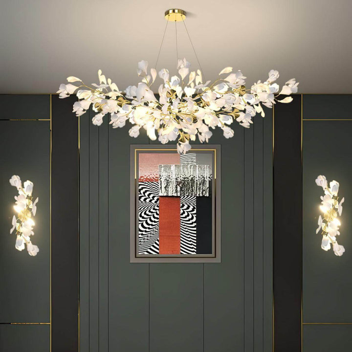 Ceramic wall sconce in art deco style, perfect wall lights for living room, featuring white floral design in modern decor.