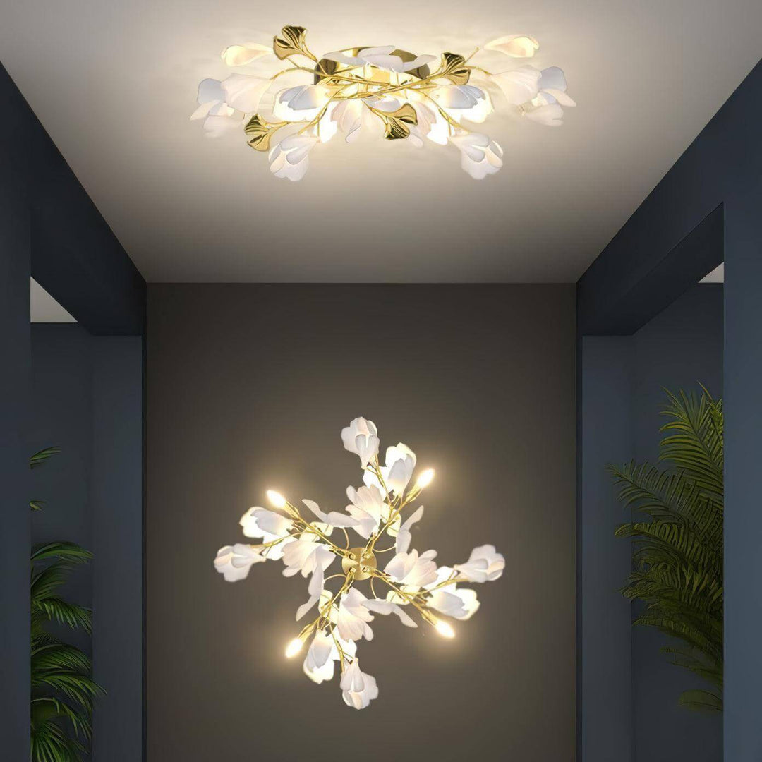Elegant Gingko Flowers wall sconce and ceiling light, perfect for living room, featuring a ceramic art deco design in white.