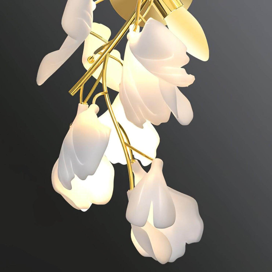 Gingko flowers ceramic wall sconce in art deco style, elegant white wall light for living room, modern decor.
