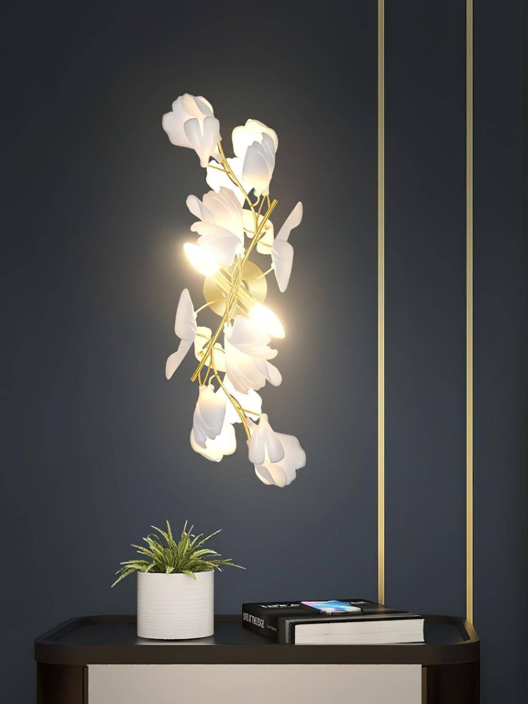 Gingko flowers ceramic wall sconce, an art deco style wall light for living room, featuring elegant white blooms.