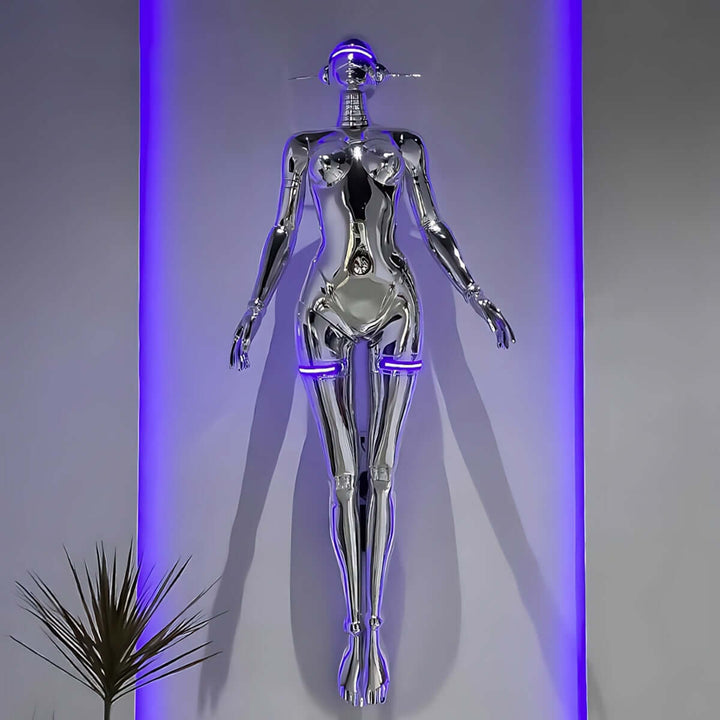 Futuristic chrome robot figure with purple LED lights on a wall, showcasing modern art and design.
