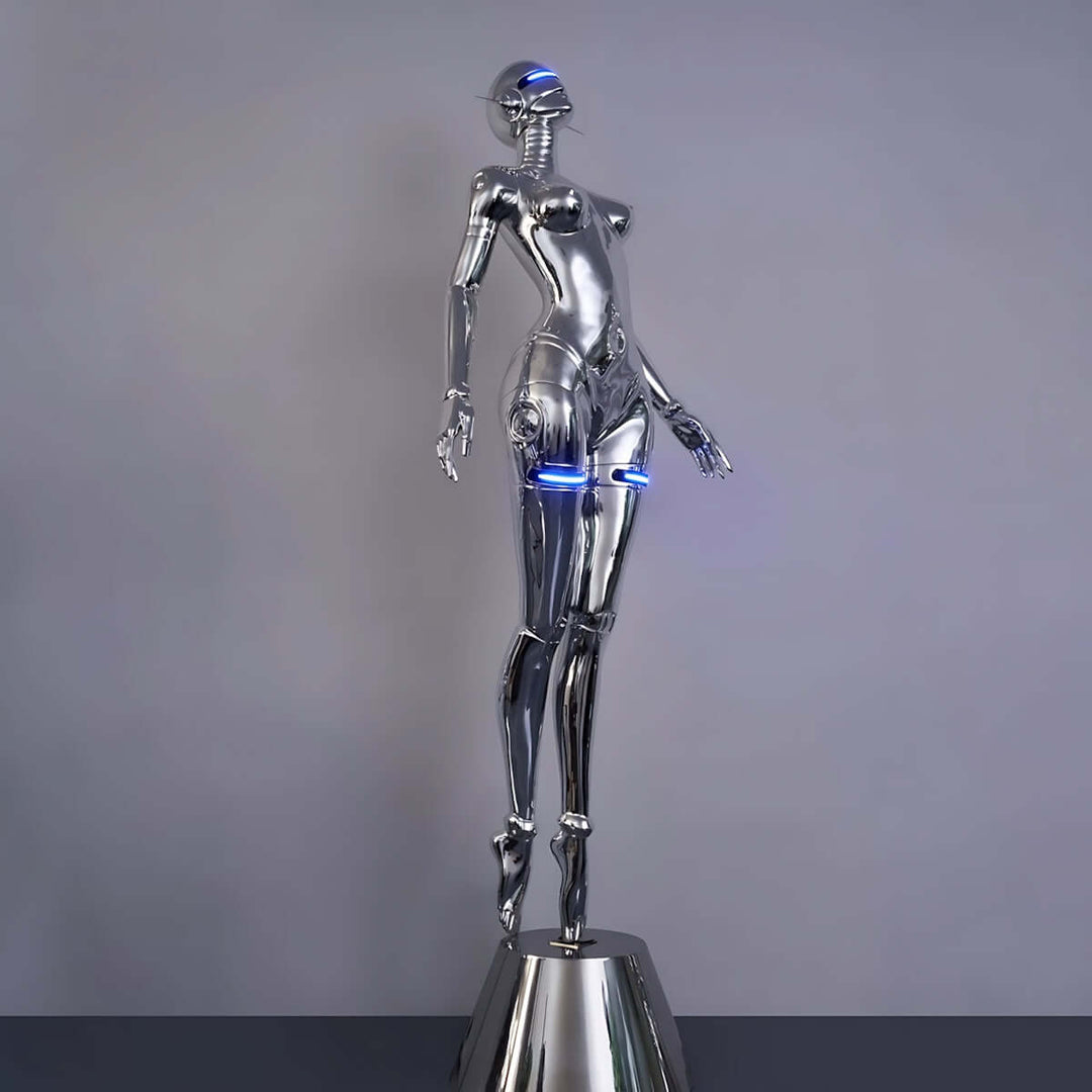 Sculptural silver floor lamp design resembling a futuristic mannequin, perfect for trendy living room decor.