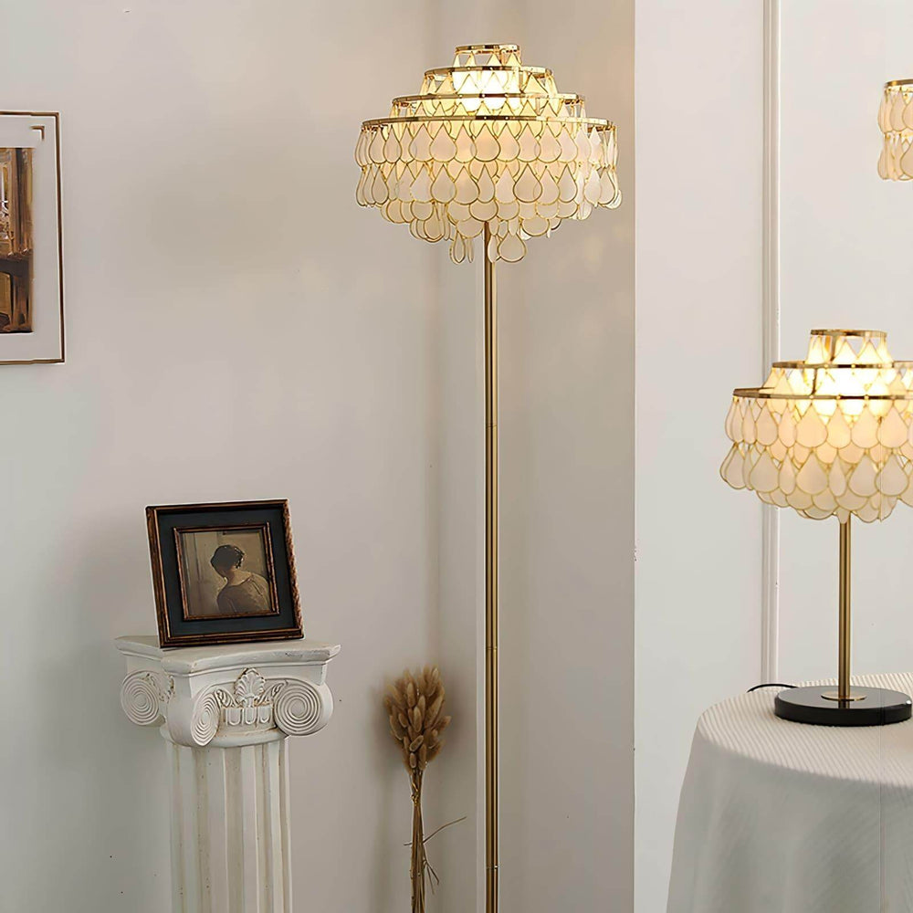 Teardrops shell floor lamp in a stylish setting, ideal coastal floor lamp for bedroom or decorative lighting.