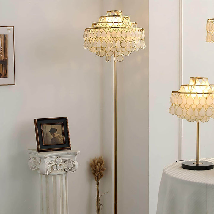 Teardrops shell floor lamp in a stylish setting, ideal coastal floor lamp for bedroom or decorative lighting.