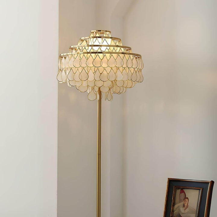 Elegant teardrops shell floor lamp, perfect coastal floor lamp for bedroom decor, standing 66.9 inches tall.