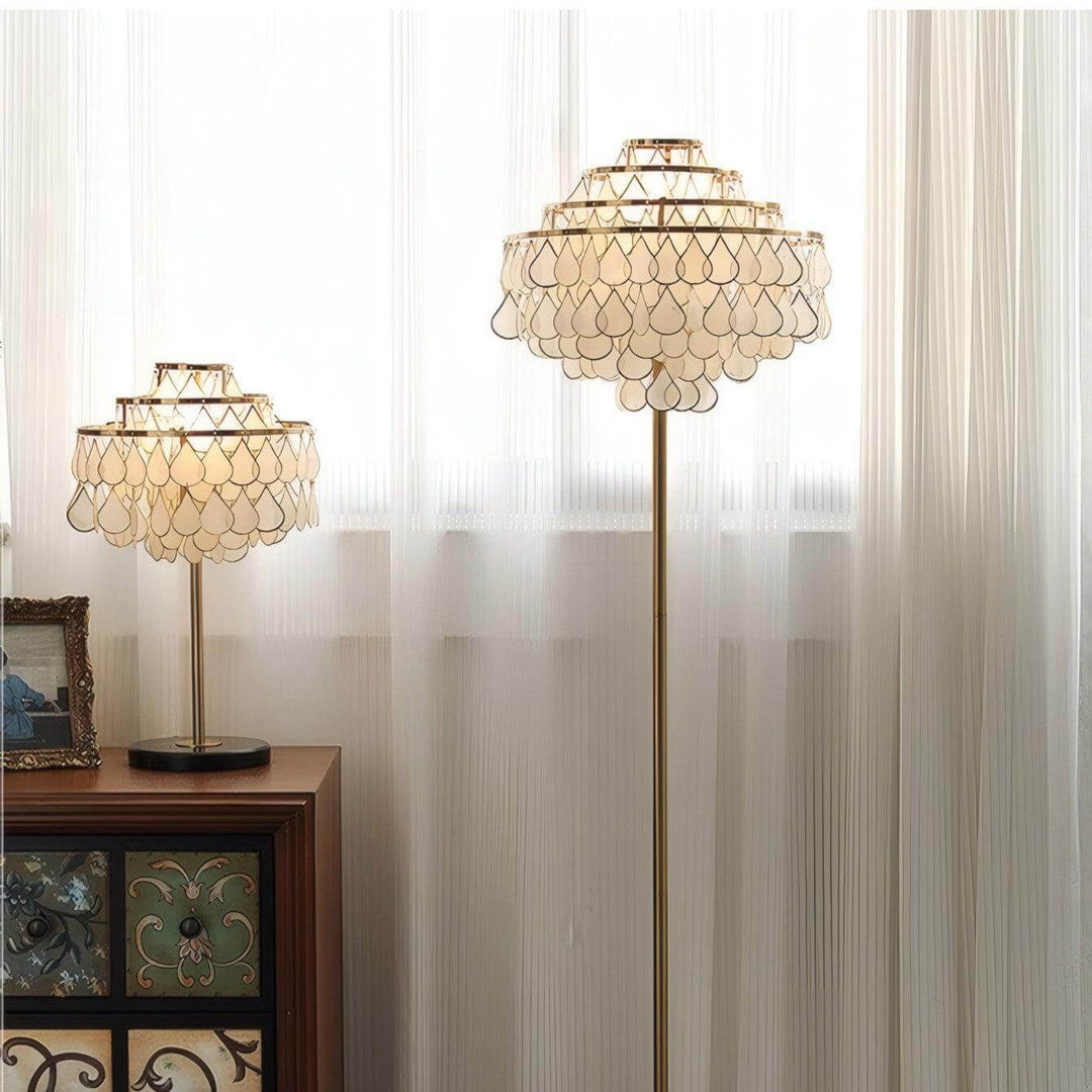 Coastal floor lamp with teardrop shell design, perfect as decorative floor lights for bedroom settings.