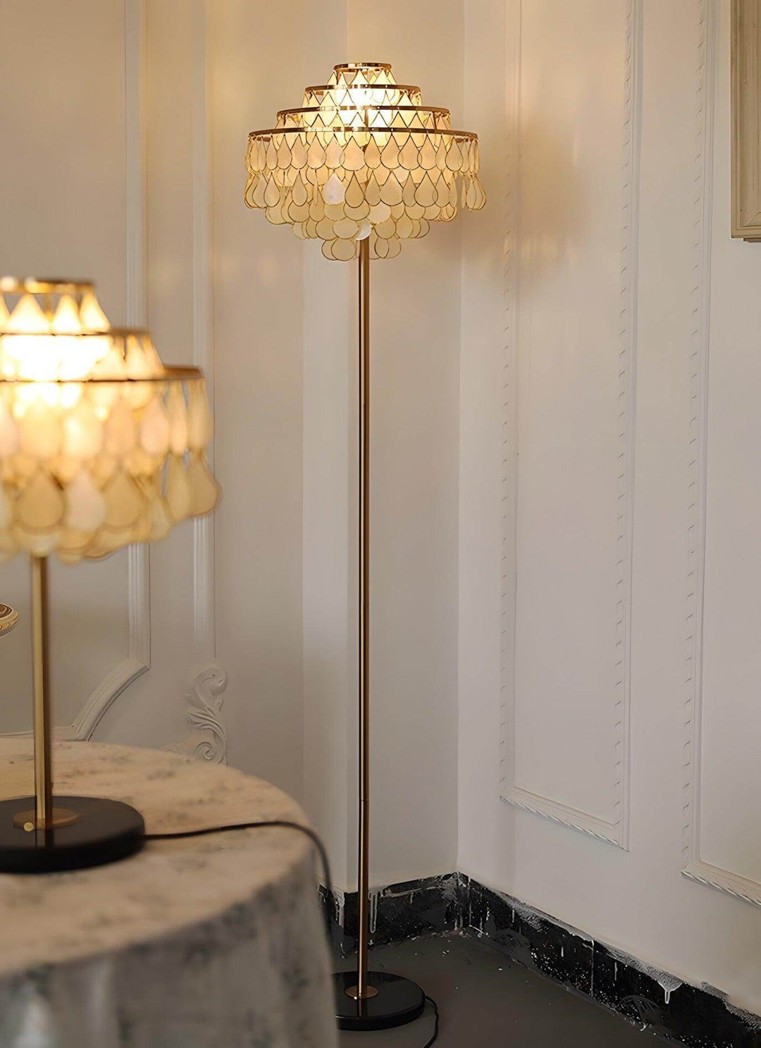 Teardrops shell floor lamp, coastal style, decorative lighting for bedroom, height 66.9 inches, adds elegance to any space.