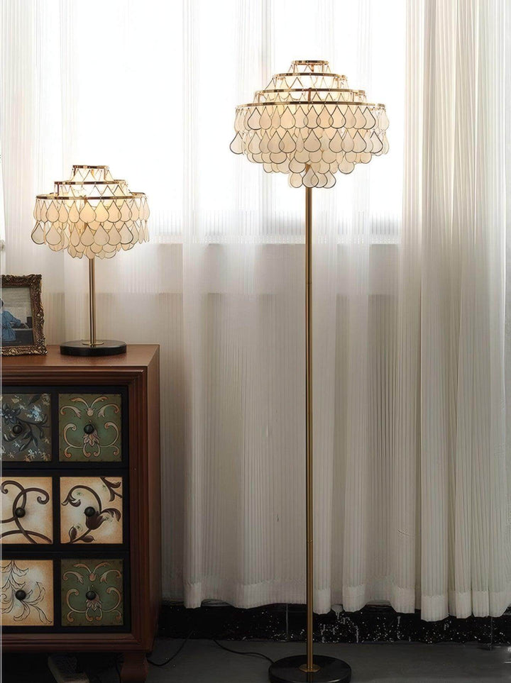 Coastal floor lamp featuring elegant teardrop shell design, perfect decorative floor lamp for bedroom lighting.
